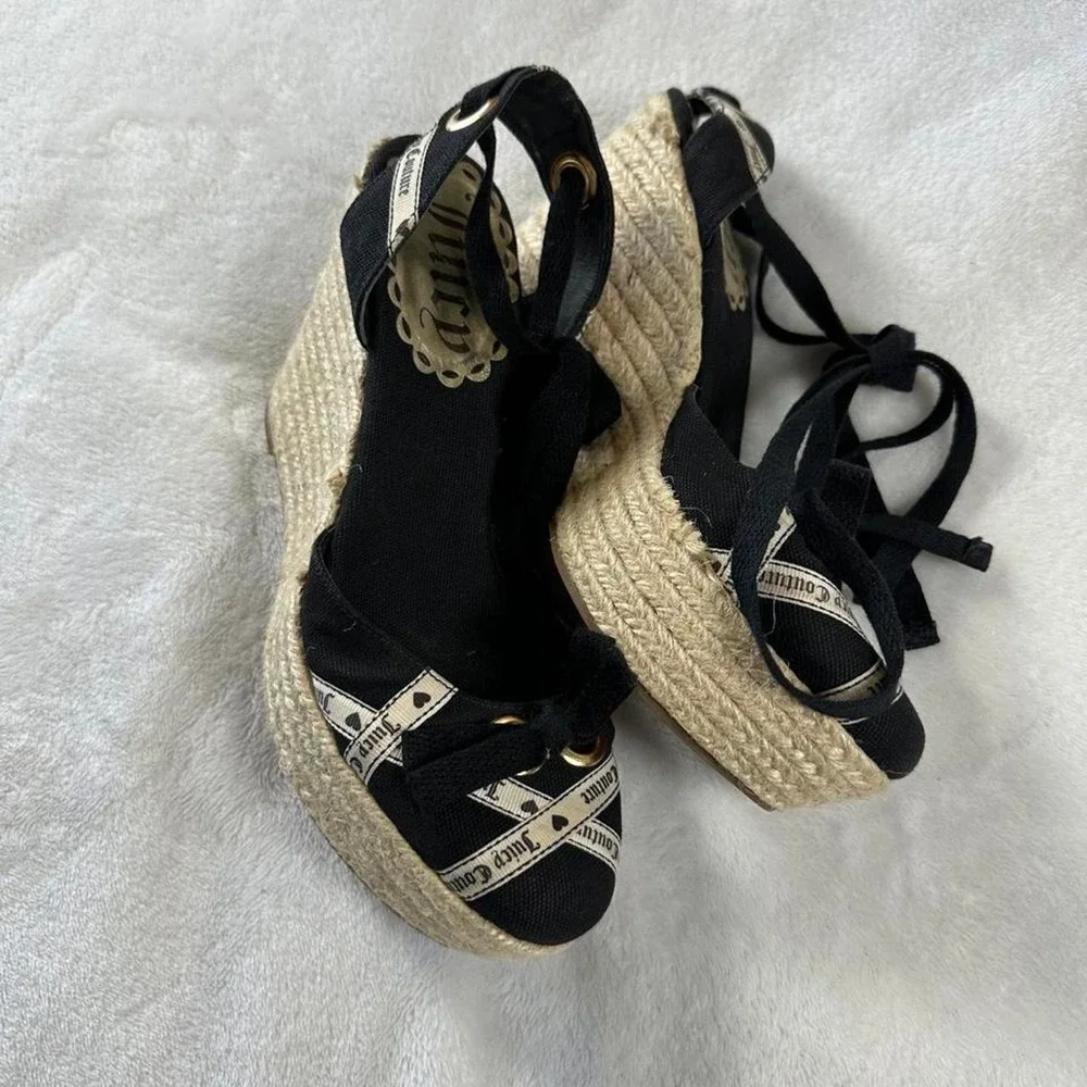 Juicy Couture black platform espadrille wedges logo ribbon y2k mcbling fairy